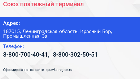 Союз платежный терминал - визитка
