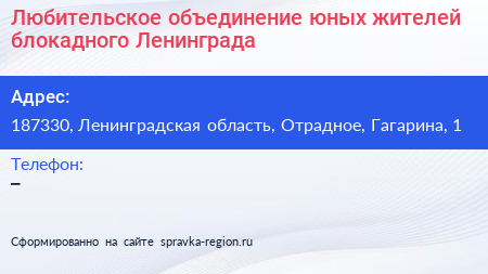 Любительское объединение юных жителей блокадного Ленинграда - визитка