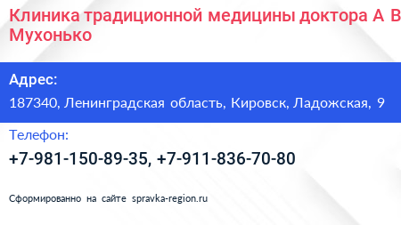 Клиника традиционной медицины доктора А В Мухонько - визитка