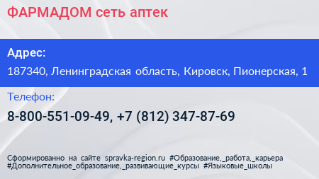 ФАРМАДОМ сеть аптек - визитка