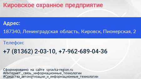 Кировское охранное предприятие - визитка