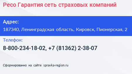 Ресо Гарантия сеть страховых компаний - визитка
