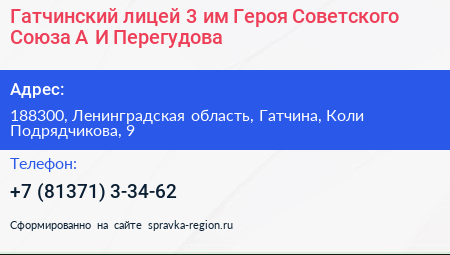 Гатчинский лицей 3 им Героя Советского Союза А И Перегудова - визитка