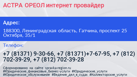 АСТРА ОРЕОЛ интернет провайдер - визитка