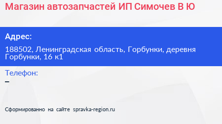 Магазин автозапчастей ИП Симочев В Ю  - визитка