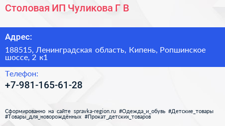 Столовая ИП Чуликова Г В  - визитка