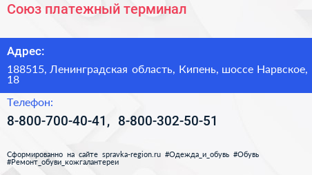 Союз платежный терминал - визитка