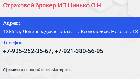 Страховой брокер ИП Цинько О Н  - визитка