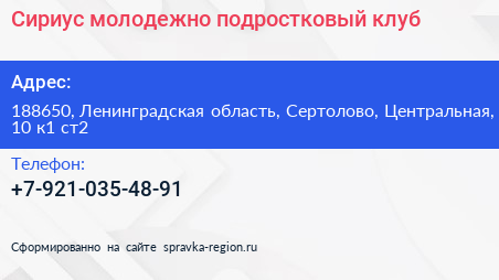 Сириус молодежно подростковый клуб - визитка