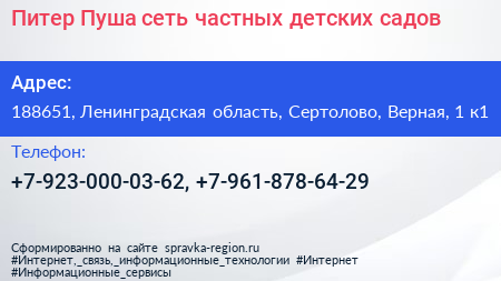 Питер Пуша сеть частных детских садов - визитка