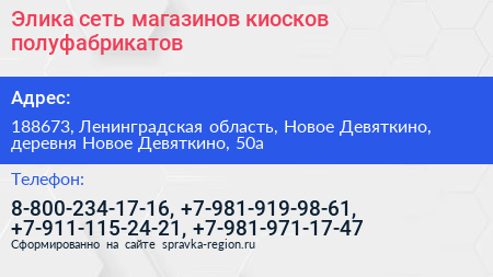 Элика сеть магазинов киосков полуфабрикатов - визитка