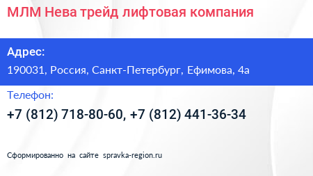 МЛМ Нева трейд лифтовая компания - визитка