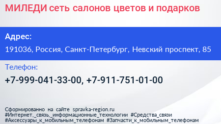 МИЛЕДИ сеть салонов цветов и подарков - визитка