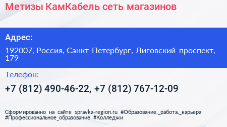 Метизы КамКабель сеть магазинов - визитка