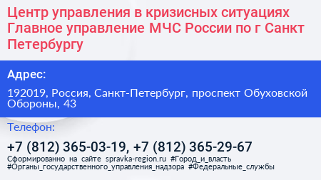 Центр управления в кризисных ситуациях Главное управление МЧС России по г Санкт Петербургу - визитка