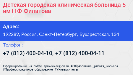 Детская городская клиническая больница 5 им Н Ф Филатова - визитка