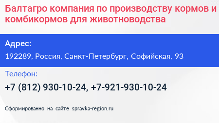 Балтагро компания по производству кормов и комбикормов для животноводства - визитка