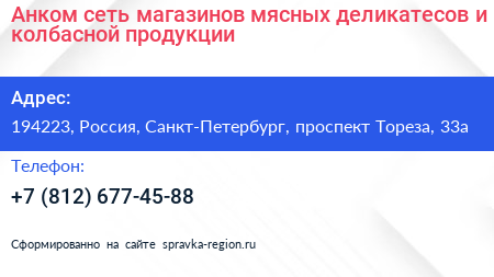 Анком сеть магазинов мясных деликатесов и колбасной продукции - визитка