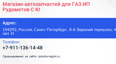 Магазин автозапчастей для ГАЗ ИП Рудометов С Ю  - визитка