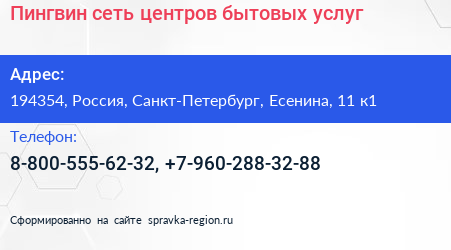Пингвин сеть центров бытовых услуг - визитка