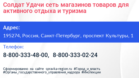 Солдат Удачи сеть магазинов товаров для активного отдыха и туризма - визитка