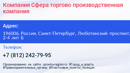 Компания Сфера торгово производственная компания - визитка