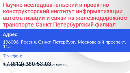 Научно исследовательский и проектно конструкторский институт информатизации автоматизации и связи на железнодорожном транспорте Санкт Петербургский филиал - визитка