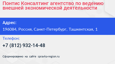 Понтис Консалтинг агентство по ведению внешней экономической деятельности - визитка