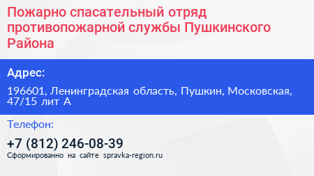 Пожарно спасательный отряд противопожарной службы Пушкинского Района - визитка