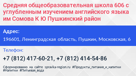 Средняя общеобразовательная школа 606 с углубленным изучением английского языка им Сомова К Ю Пушкинский район - визитка