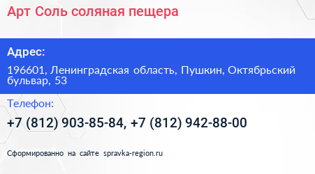 Арт Соль соляная пещера - визитка