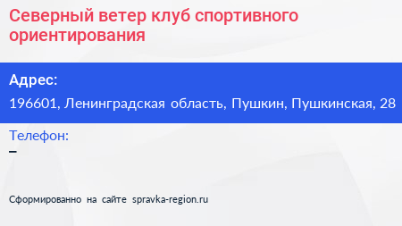 Северный ветер клуб спортивного ориентирования - визитка