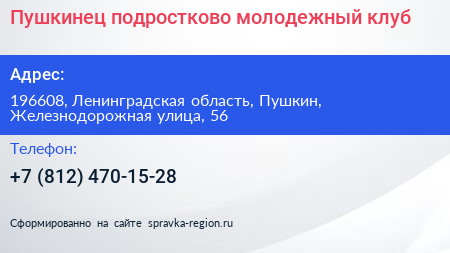 Пушкинец подростково молодежный клуб - визитка