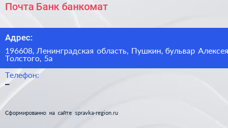 Почта Банк банкомат - визитка
