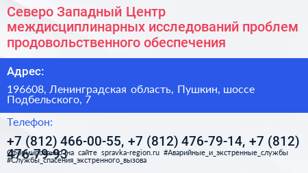 Северо Западный Центр междисциплинарных исследований проблем продовольственного обеспечения - визитка