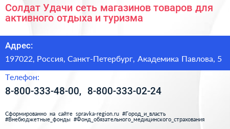 Солдат Удачи сеть магазинов товаров для активного отдыха и туризма - визитка