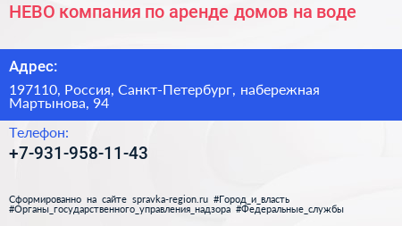 НЕВО компания по аренде домов на воде - визитка