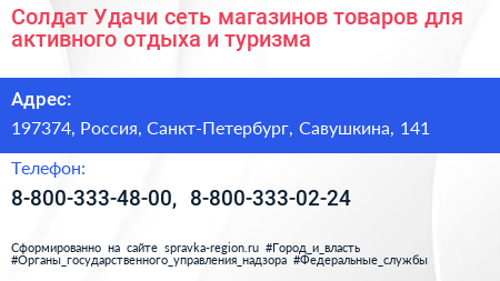 Солдат Удачи сеть магазинов товаров для активного отдыха и туризма - визитка
