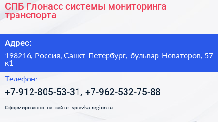 СПБ Глонасс системы мониторинга транспорта - визитка