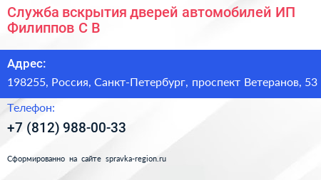 Служба вскрытия дверей автомобилей ИП Филиппов С В  - визитка