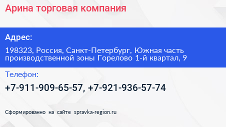 Арина торговая компания - визитка