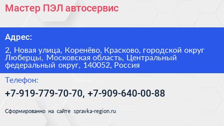 Мастер ПЭЛ автосервис - визитка