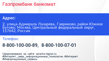 Газпромбанк банкомат - визитка