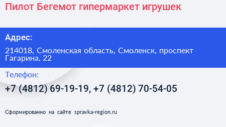 Пилот Бегемот гипермаркет игрушек - визитка