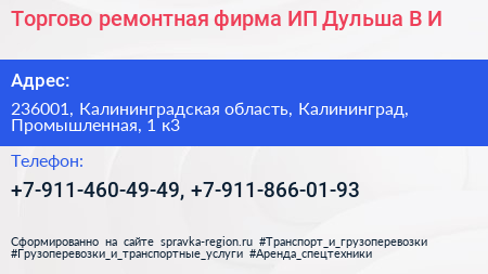 Торгово ремонтная фирма ИП Дульша В И  - визитка