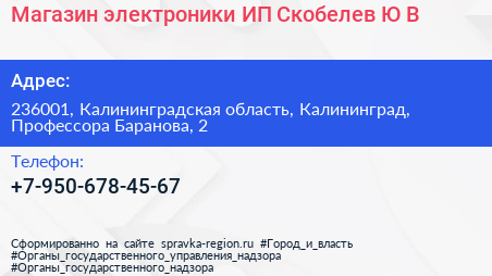Магазин электроники ИП Скобелев Ю В  - визитка