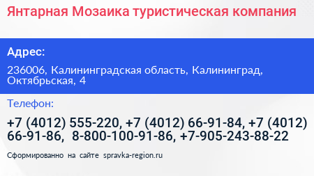 Янтарная Мозаика туристическая компания - визитка