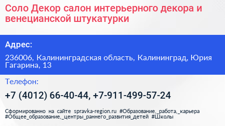 Соло Декор салон интерьерного декора и венецианской штукатурки - визитка