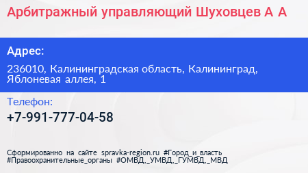 Арбитражный управляющий Шуховцев А А  - визитка
