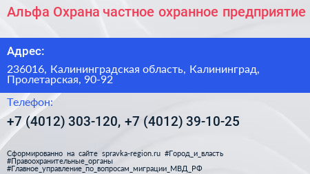 Альфа Охрана частное охранное предприятие - визитка